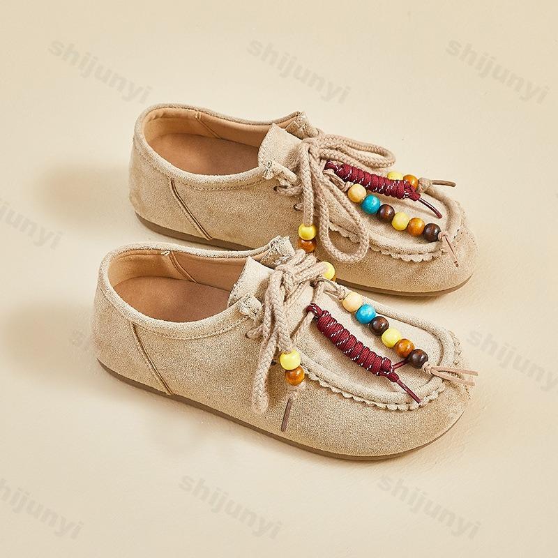 Loafers Shoes for Women Full Coverage Fashion Beaded Comfortable Flat Shoes Casual Lace Up Vintage Slip On Shoes Zapatos Cómodos