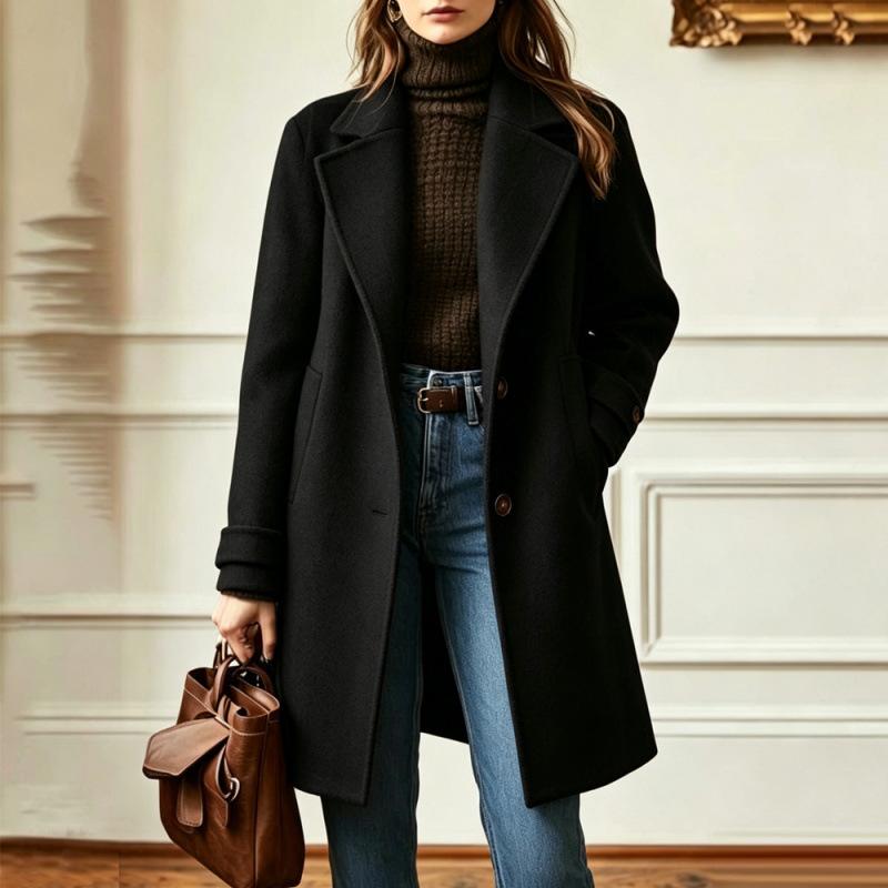 Women's Retro Casual Mid-Length Wool Coat with Lapel Collar for Winter Everyday Wear