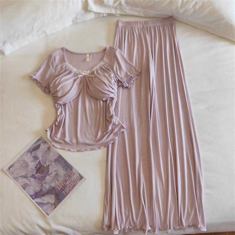 Women's Modal Pajama Set: Summer Short Sleeve & Long Pants with Chest Pad