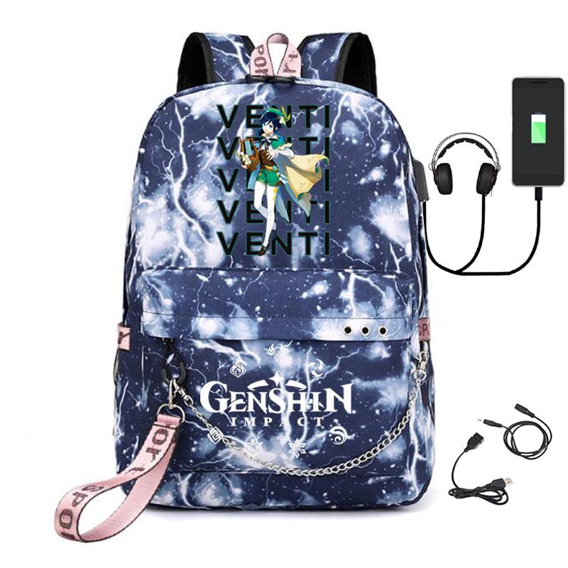 Harajuku Jugendliche Schultaschen Unisex Genshin Impact Reisetaschen USB-aufladbar Oxford Wasserdicht Notizbuch Schulterrucksäcke