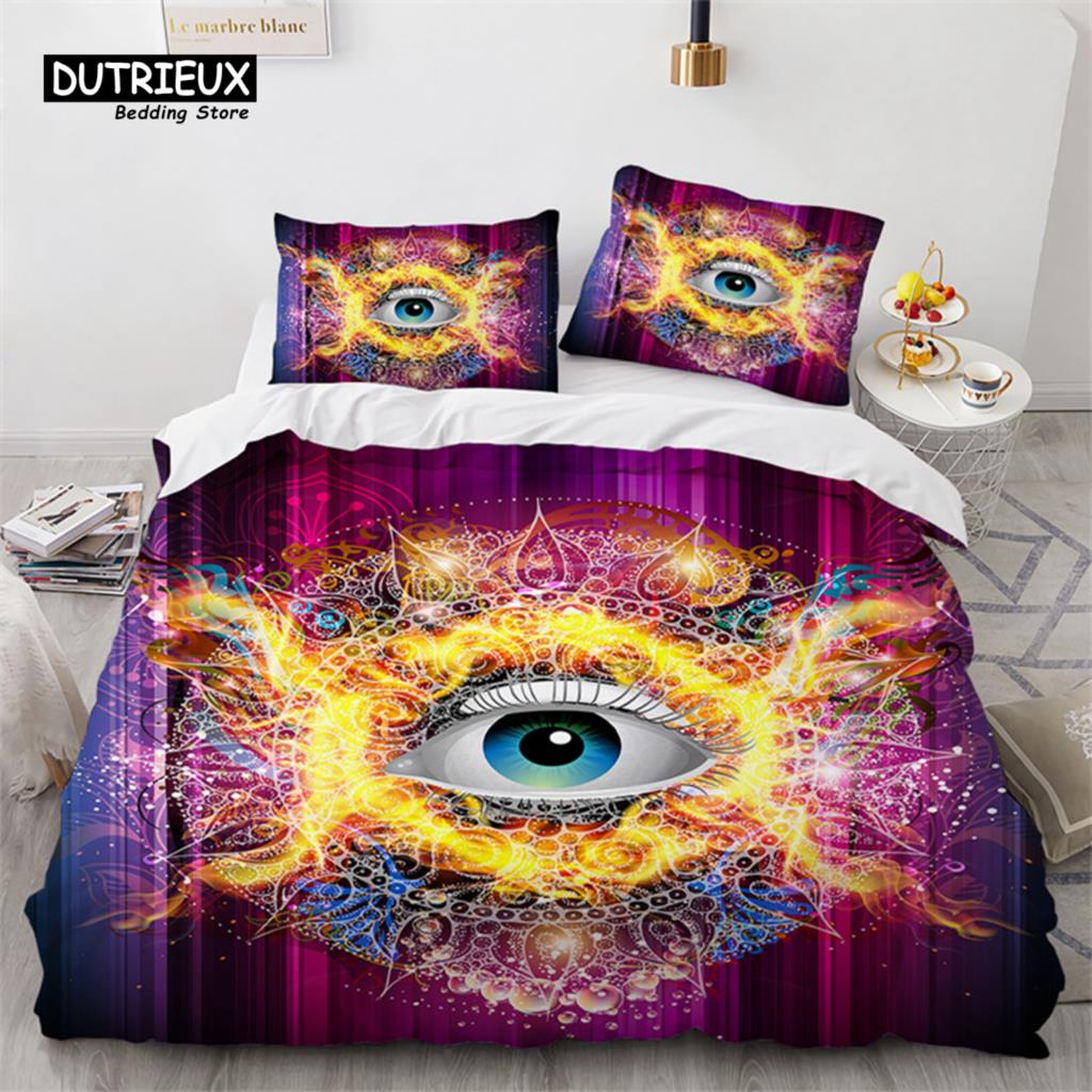 3D Barevný Oči Povlak na přikrývku Mikrovlákno Vintage Vševidoucí oko Tetování Povlak na přikrývku Boho Mandala Ložní souprava Plná Jednolůžková King Size