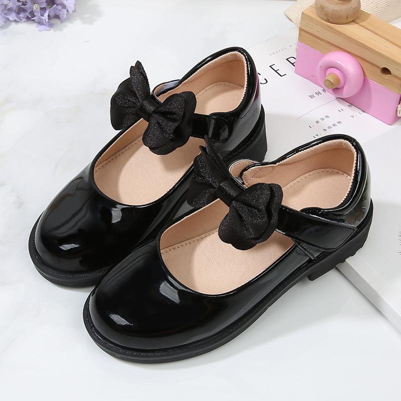 2024 New Soft Princess Shoes Black Bow Hook & Loop Glossy Fashion Kids Shoes Drop Shipping Cute Children Casual School Shoes PU