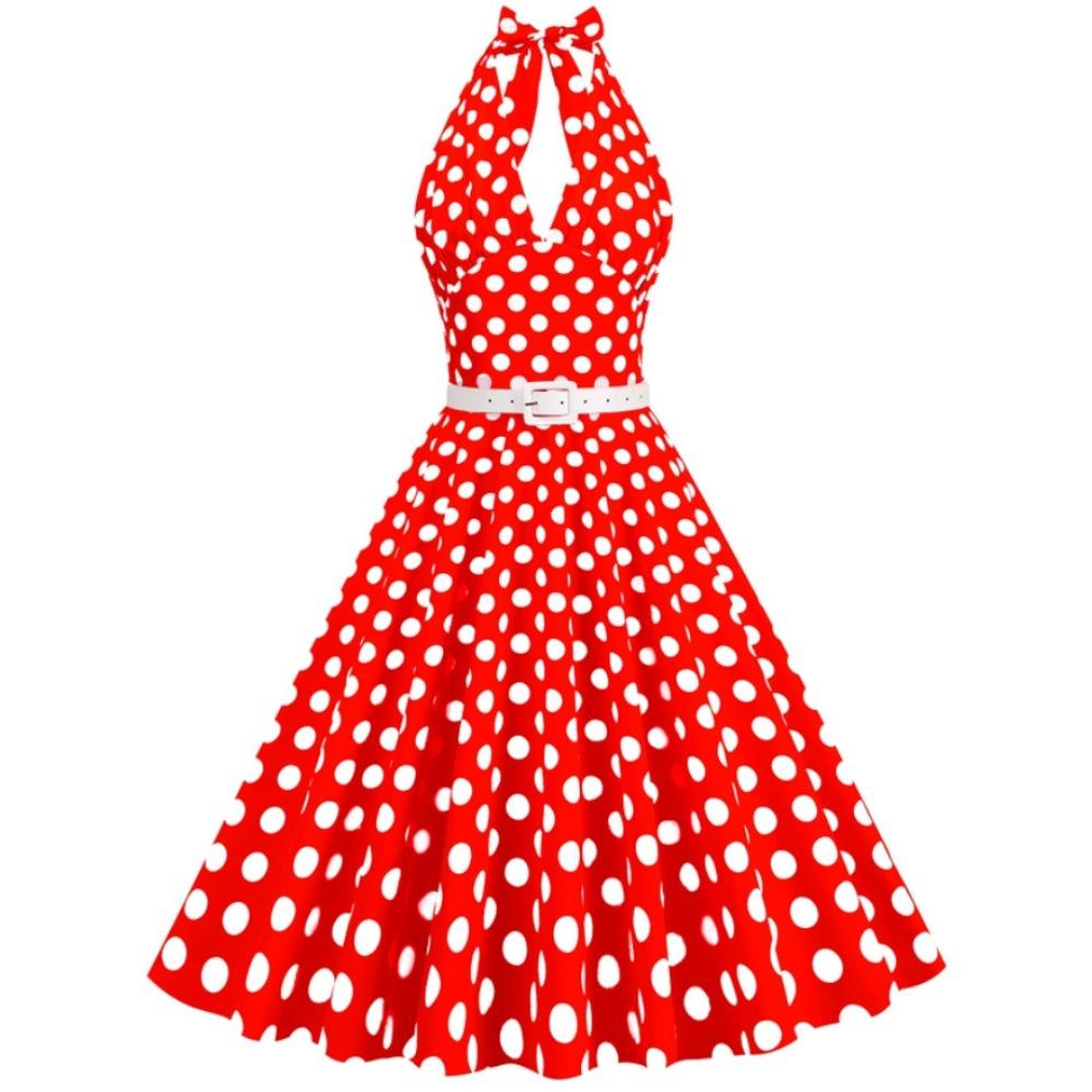Women's Halter Sleeveless Midi Dress Regular Fit Mid Waist Vintage Polka Dot A Line Swing Dress With Matching Belt