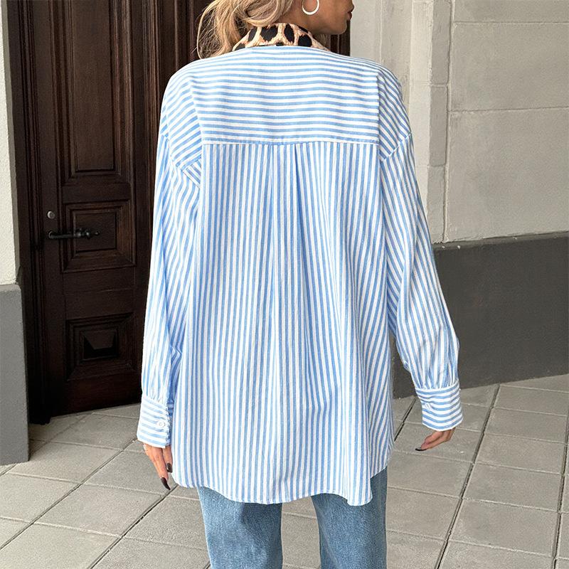 Nowy Jesienny Casualowy Wakacyjny Spersonalizowany i Modny Styl Płaszcz, Koszula Patchworkowa w Paski z Panterką dla Kobiet