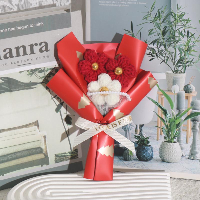 

Рождественские искусственные букеты, мини-украшение ручной работы, вязаный крючком, имитация цветка, креативный вязаный пуф, декоративный бант, лента, подарок на домашнюю вечеринку