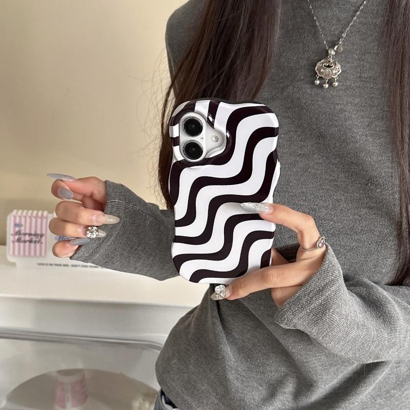 Luxury Glossy Wave Stripes Phone Case for iPhone 13 14 15 16 Pro Max Camera Protect Shockproof Hit Color fashion Phone Cover