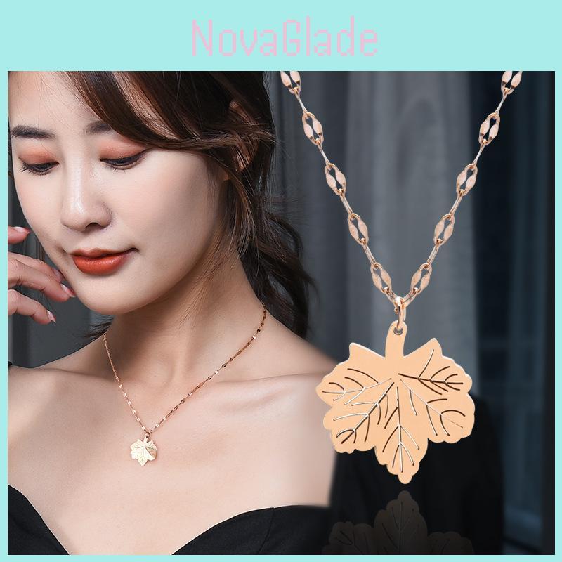 Unique Rose Gold Titanium Steel Leaf Pendant Necklace For Elegant Fashion Statement
