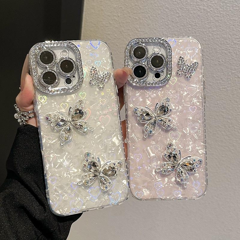 Three-Dimensional Rhinestone Butterfly Mobile Phone Case Is Suitable For Apple 17Pro Love Laser 15 All-Inclusive Side Drill 14 Anti-Drop Models