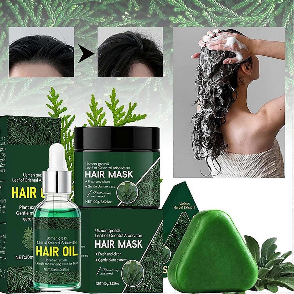 Natural Usman Grass Solid Shampoo and Conditioner Set, Hair Serum for Hair Growth, Anti-Dandruff, Damage Repair, Reducing Thinning Hair Loss with Leaf
