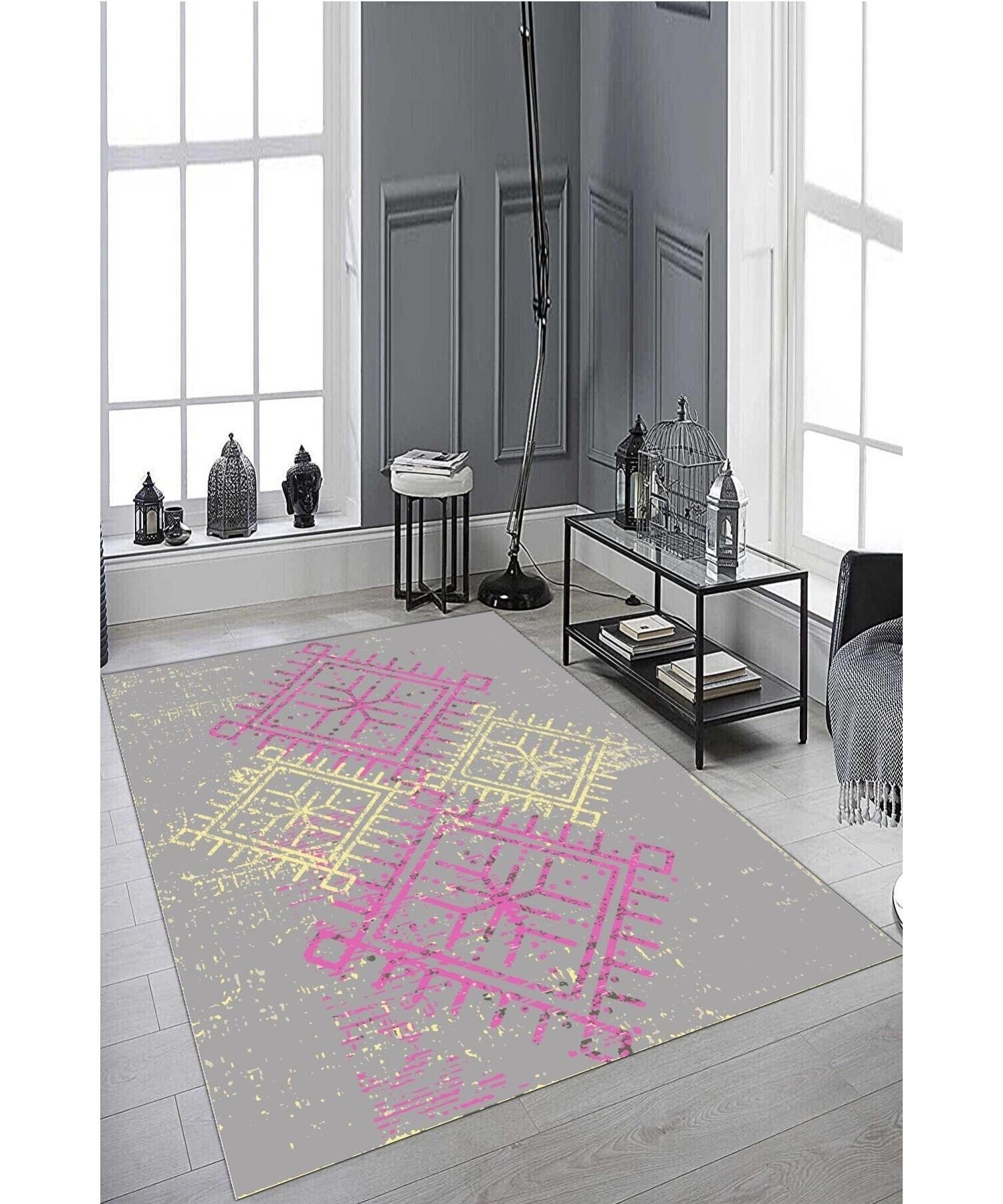 

Желто-розовый ковер с этническим узором (Нескользящее точечное основание, допускающее машинную стирку) - Cp1363