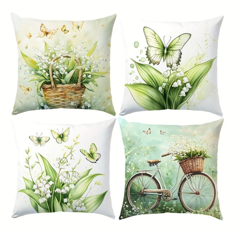 Vikama Light Blue Flower Illustration Throw Pillow Cover, Home Decoration Throw Pillow Cover, Living Room Sofa Cushion Cover