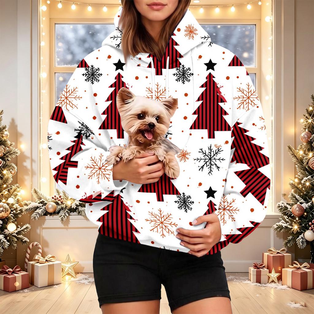 Damen Mode Weihnachtsdruck Hoodie mit Haustier-Tasche, Lässiger Pullover für Feiertagskleidung