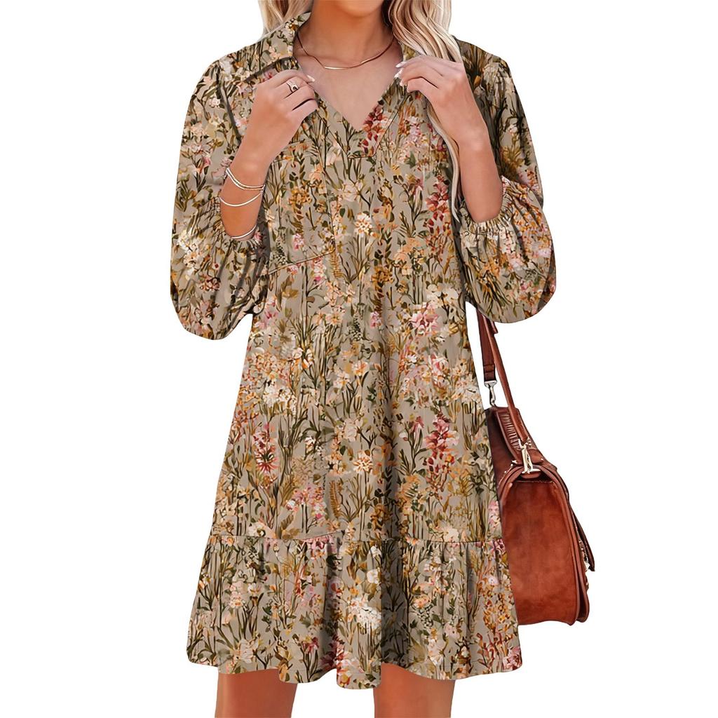 Damenmode Elegant Herbst Und Winter Langarm V-Ausschnitt Weihnachtsprint Kleid