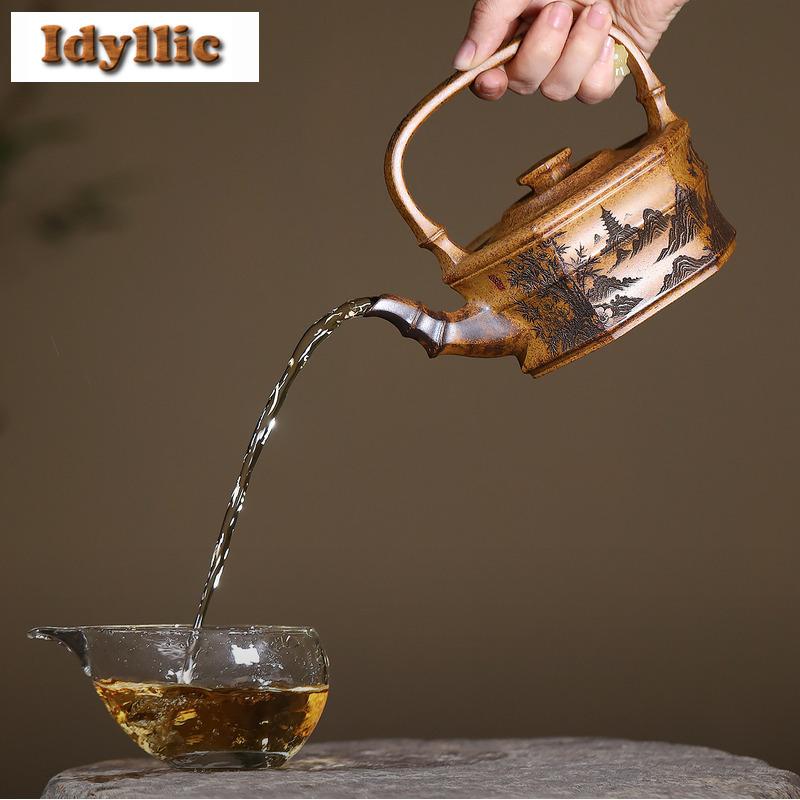 350ml Yixing Purple Clay Teapots Handmade Lifting Handle Pot Raw Ore Wood-fired Porcelain Mud Kettle With Infuser Zisha Tea Set