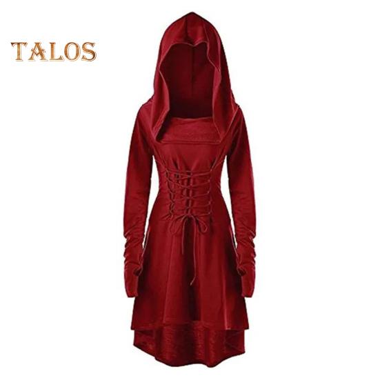 Women Cosplay Dress Gothic Solid Color Lace-up Strap Slim Waist Irregular Hem Hooded Long Sleeves Theme Parties Role-Playing Festival Halloween Midi