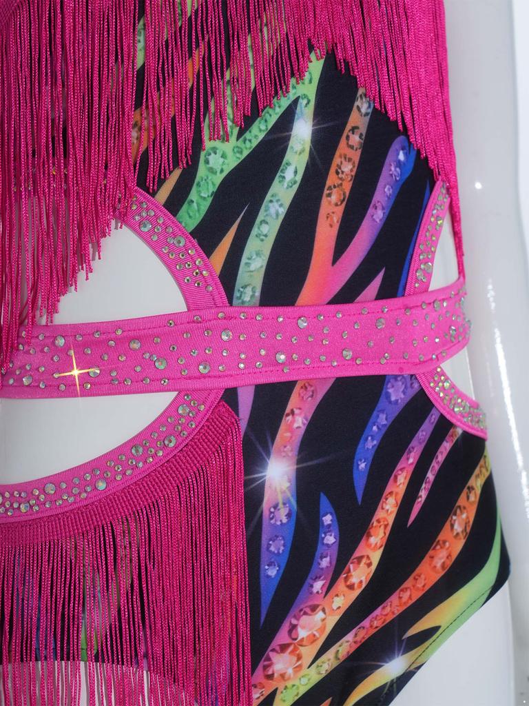 Kids Rhinestone Tassel Latin Dance Competition Bodysuit Halter Sleeveless Crisscross Back Side Cutout Jumpsuit for Stage Show