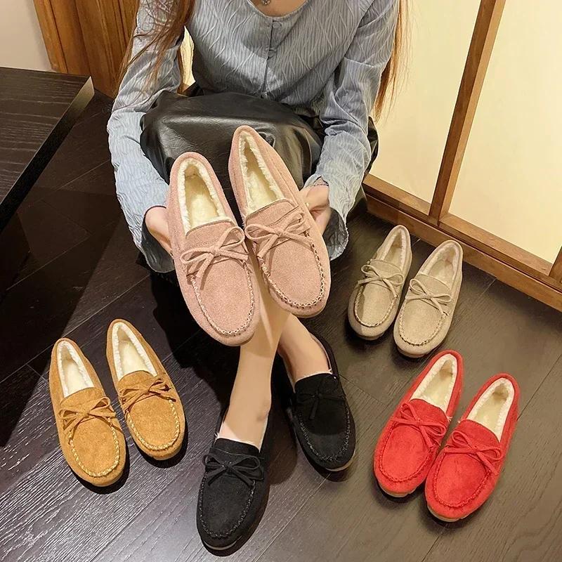 Fashion Bow Winter Women's Moccasins Flats Non-slip Flat Shoes Female Warm Loafers Slip-on Comfort Cotton Shoes Zapatos De Mujer