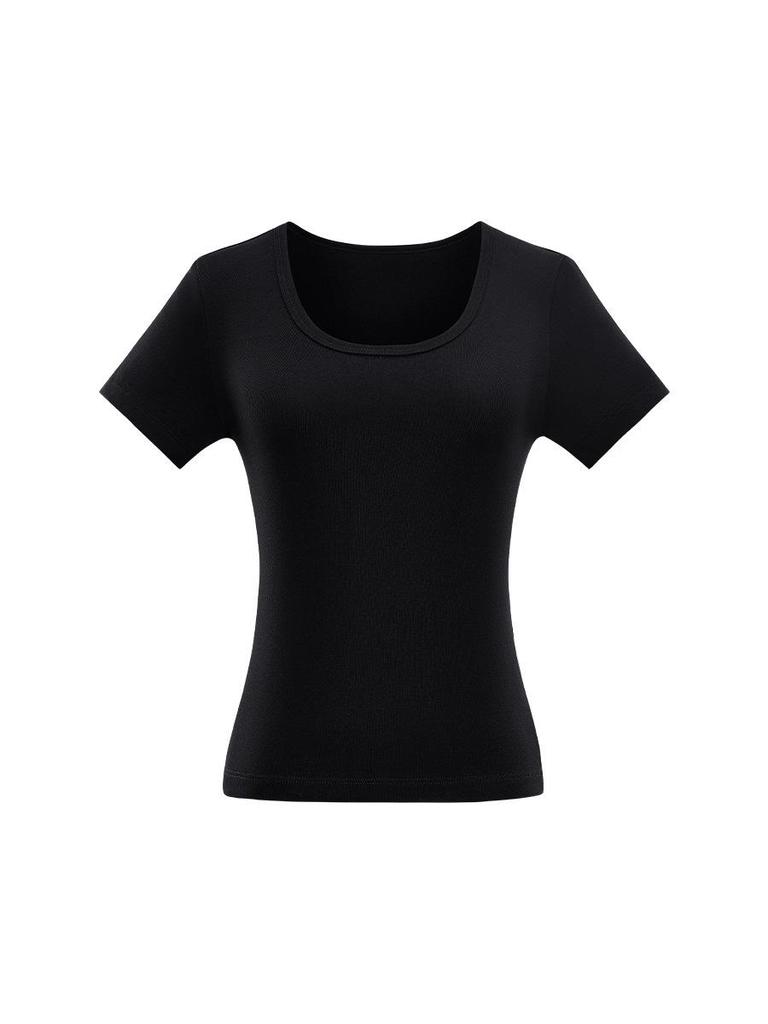 Women's Slim-Fit U-Neck T-Shirt: Trendy Summer 2025 Style, Solid Color, True Shoulder, Elastic, Short Sleeves, Thin Fabric.