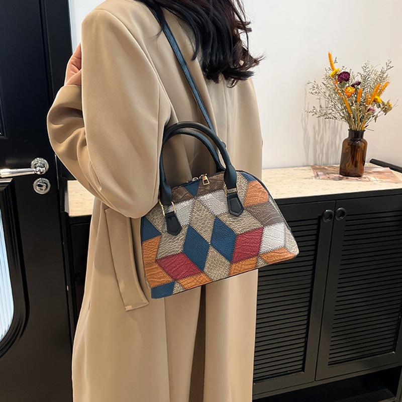 New Women Shell Crossbody Bag Contrast Color PU Leather Shoulder Bag Large Capacity for Shopping Small Handbags