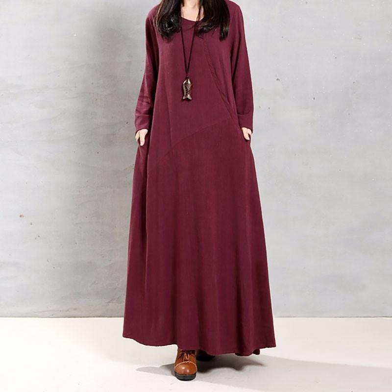 Elegant Plus Size Women Cotton Long Sleeve Vintage Kaftan Casual Maxi Dress