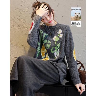 Demana Gebreide Trui met Bloemen Jacquard en Wolmengsel