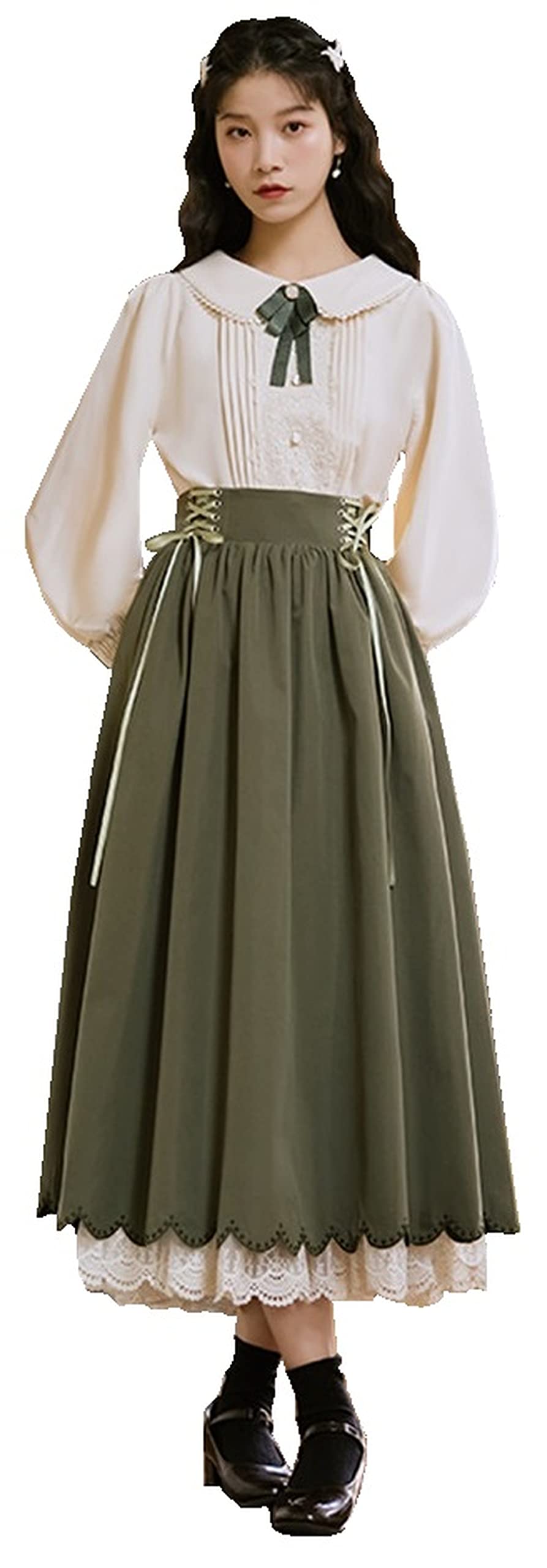 

Классическая ретро блузка Лолита с длинным рукавом, готическая с оборками, для повседневной элегантности, с лентой [Hosaku Co., Ltd.], (Набор из 3 предметов) (М, Зеленый) зелёный