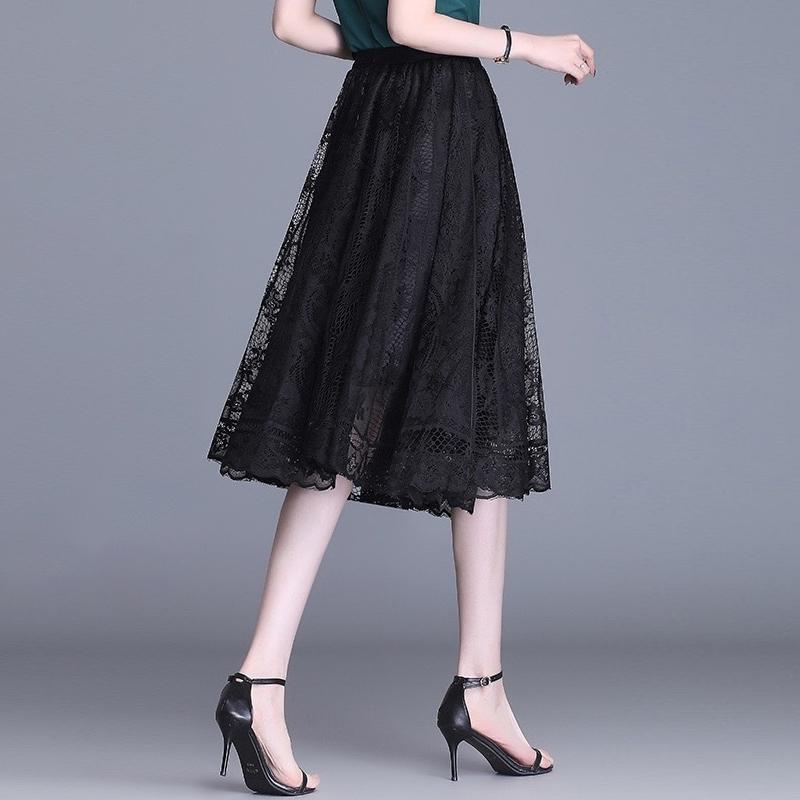 Women's Short Skirt Office Casual Skirt Lace Skirt A-Line Long Dress Hem Gauze Hollow Pleated Skirts