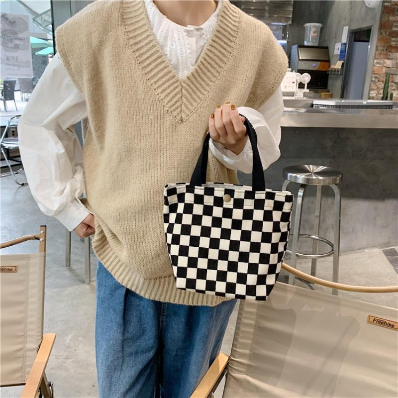 Corduroy Retro Hand-held Cloth Bag Literary Student Mommy Bento Bag Commuter Hand-carried Lunch Box Bag Woman