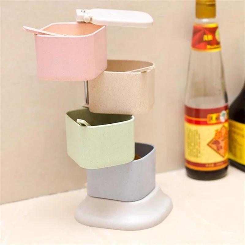 Kitchen Solid Seasoning Box Wheat Straw Four Grids Can Be Rotated Vertical with Spoon Seasoning Box