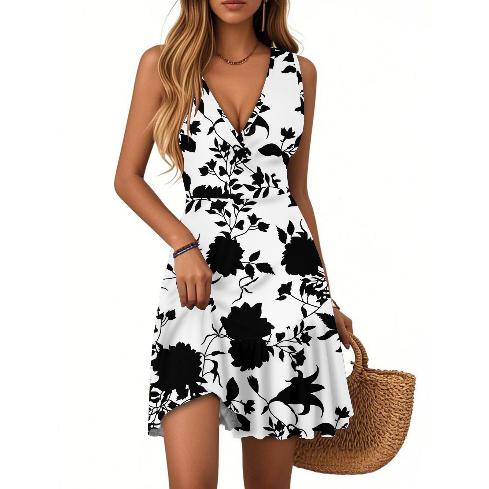 

Женское платье с V-образным вырезом, без рукавов, повседневное, с цветочным принтом, плиссированное платье XL белый