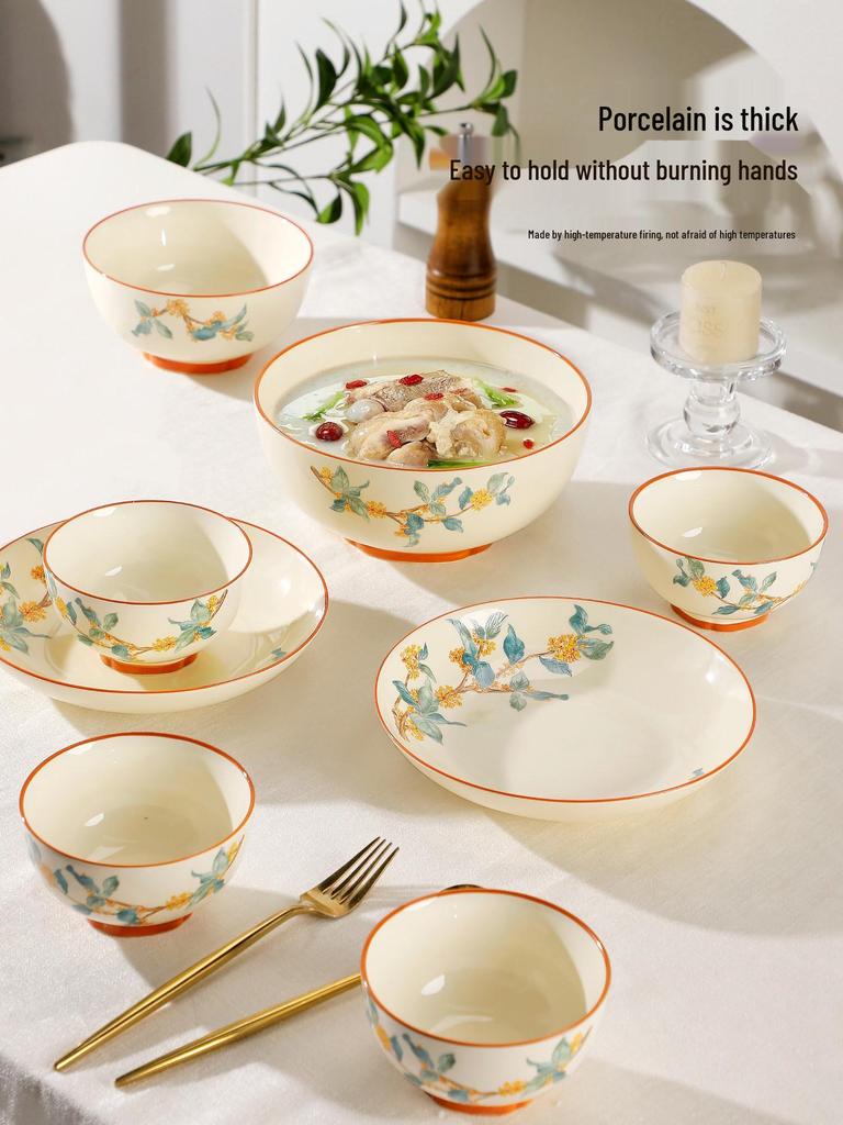 Golden Autumn Osmanthus Ceramic Dinner Plate - Chinese Style Deep Soup and Round Dish 2025 Collection