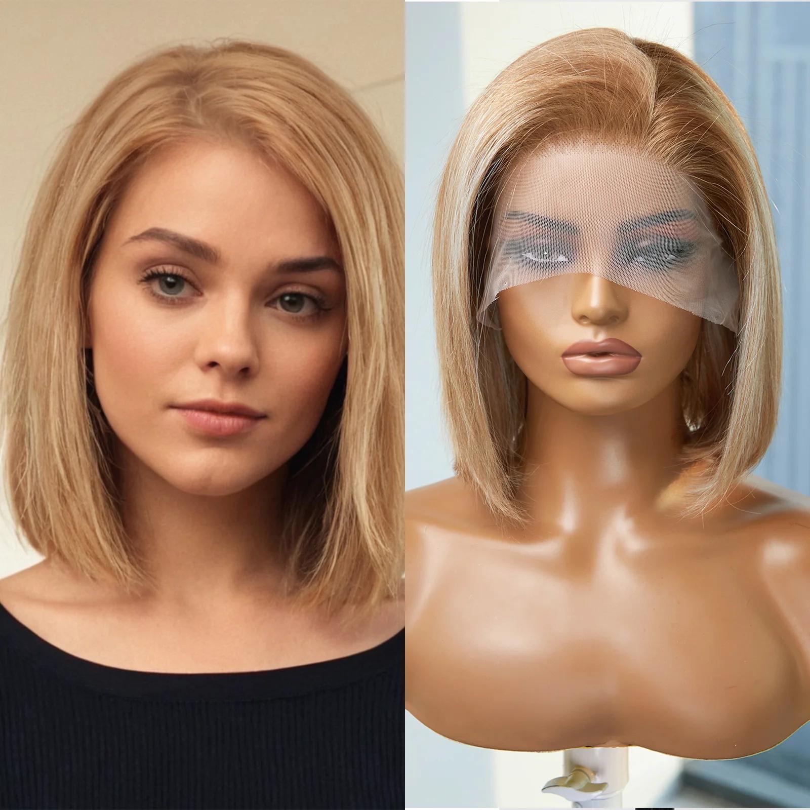 

HAIRCUBE Короткий боб, прямые человеческие волосы, кружевной фронтальный парик, коричневый, мелирование, блондинка, Remy, человеческие волосы, предварительно сорванный парик спереди, парик для женщин