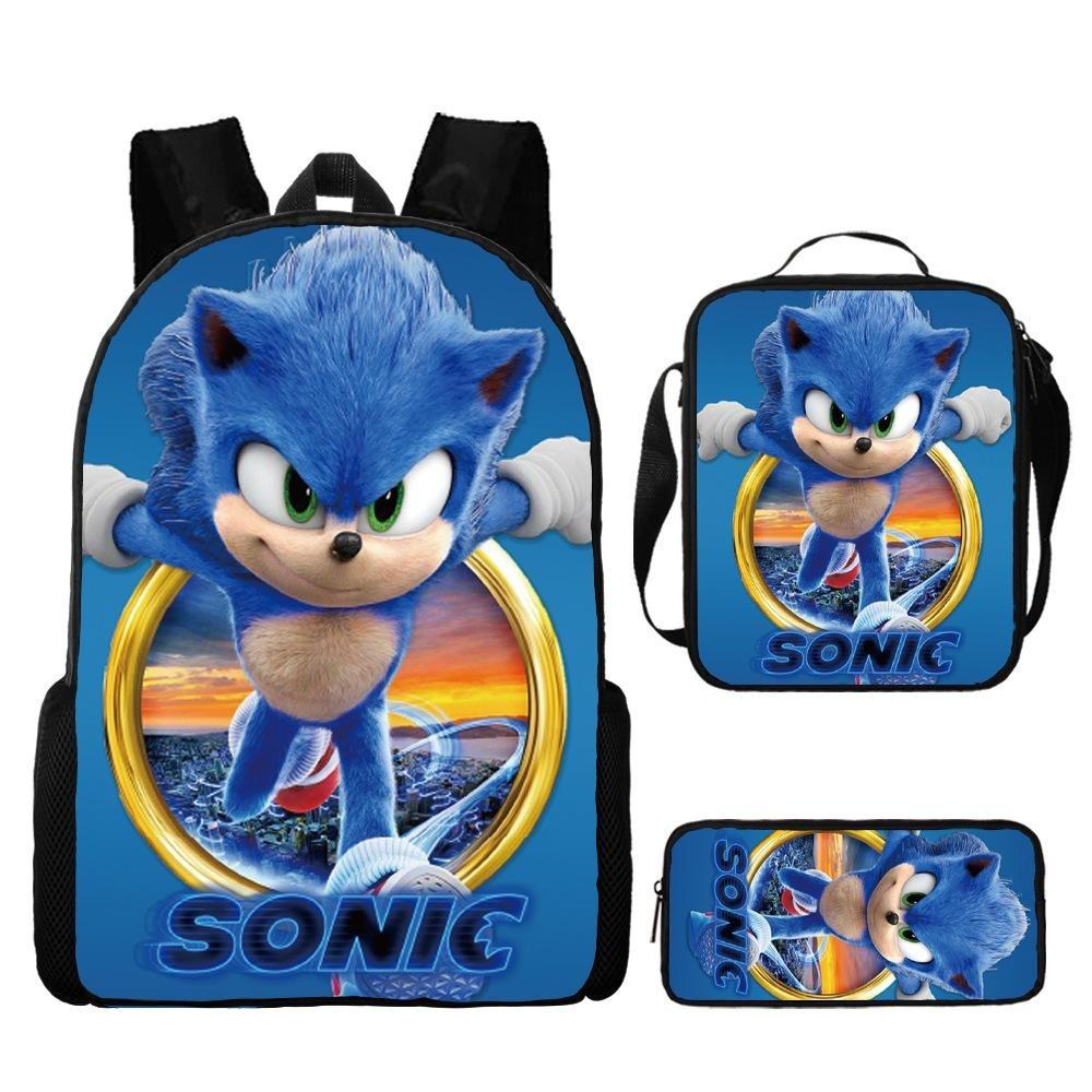 Sonic Elementary School Student Backpack 3-Piece Set Anime Cartoon Backpack Shoulder Bag Pen Bag