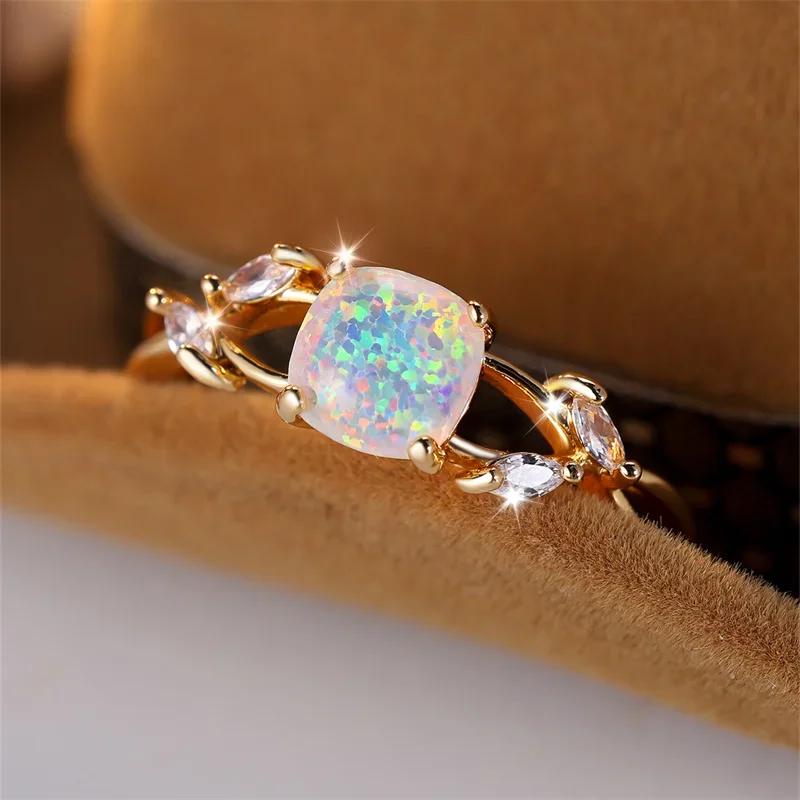Cushion Cut Square Rainbow White Fire Opal Rings For Women Gold Horse Eye Zircon Charm Leaf Wedding Bands Party Jewelry CZ