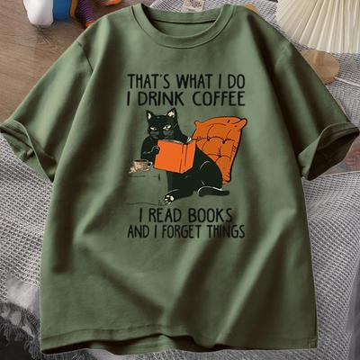 Söt katt-t-shirt för män Böcker Kaffe Kattryck T-shirts Rolig designer Bomull Bekväm herr-t-shirt Herrkläder T-shirts Herr