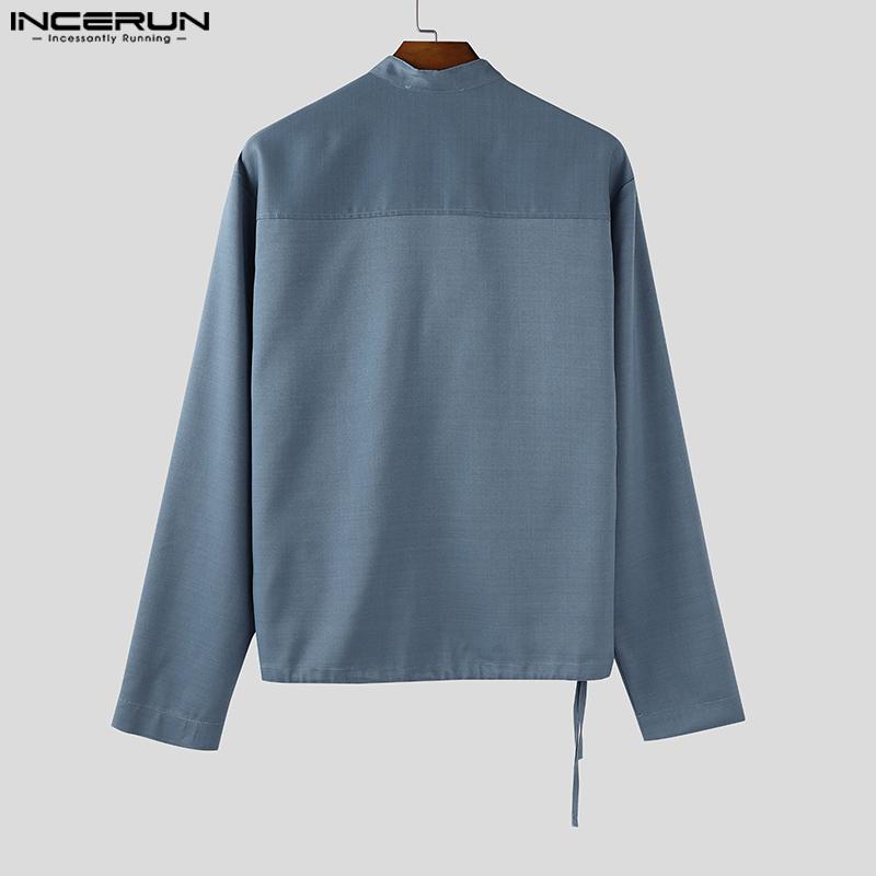 INCERUN Men Stand Neck Long Sleeve Solid Color Casual Loose Shirts Tops