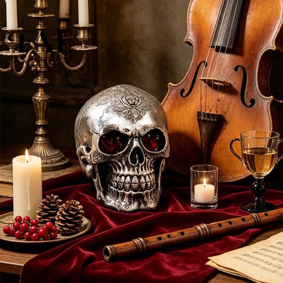 Holiday Gift for Horror Fans Resin Skull Figurine, Realistic Human Head Model, Spooky Halloween Gothic Style Interior Accents Statue Indoor Fireplace