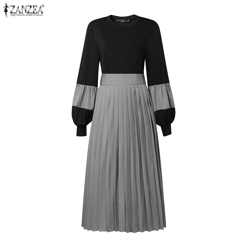 ZANZEA Women Casual Round Neck Puff Long Sleeve Loose Patchwork Dress