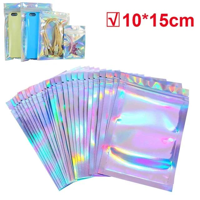 30/10PCS Laser Sealing Bags Holographic Candy Food Pouch Resealable Jewelry Necklace Gift Packaging Kitchen Plastic Storage Bag
