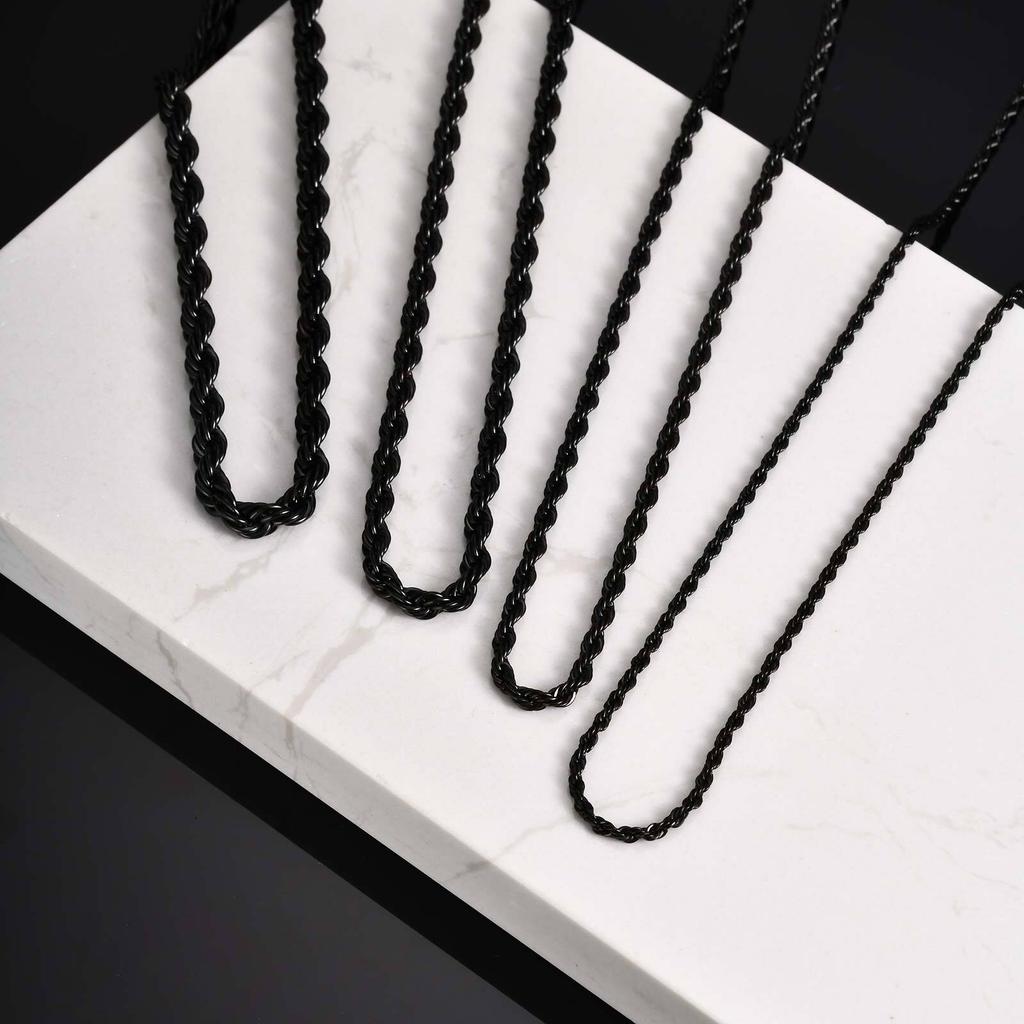 Black Twisted Rope Long Chain Necklace for Men Boys,Waterproof Stainless Steel Links Collar,Classic Simple Male Jewelry Gift