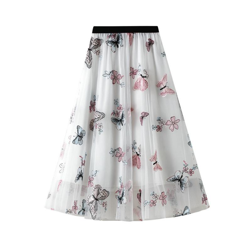 Women’s Tulle Skirts Midi Elastic High Waist Pleated Mesh Layered Flowy Ruffle A-Line Long Tutu Skirts Casual Beach Swing Outfit Skirts for Women