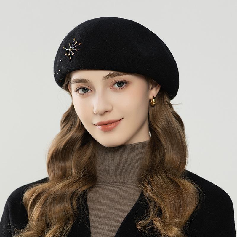 Hat Women's Hat Felt Hat Pure Wool Soft Beret Women's Autumn and Winter Fashion Show Face Small Black Bud Hat