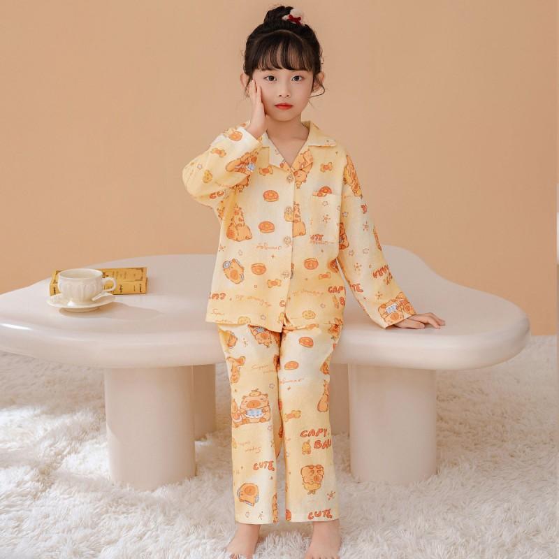 Cotton Girls Pajama Set Long Sleeve Button Front Sleepwear Kids 8 Years Thin Comfortable Home Outfit