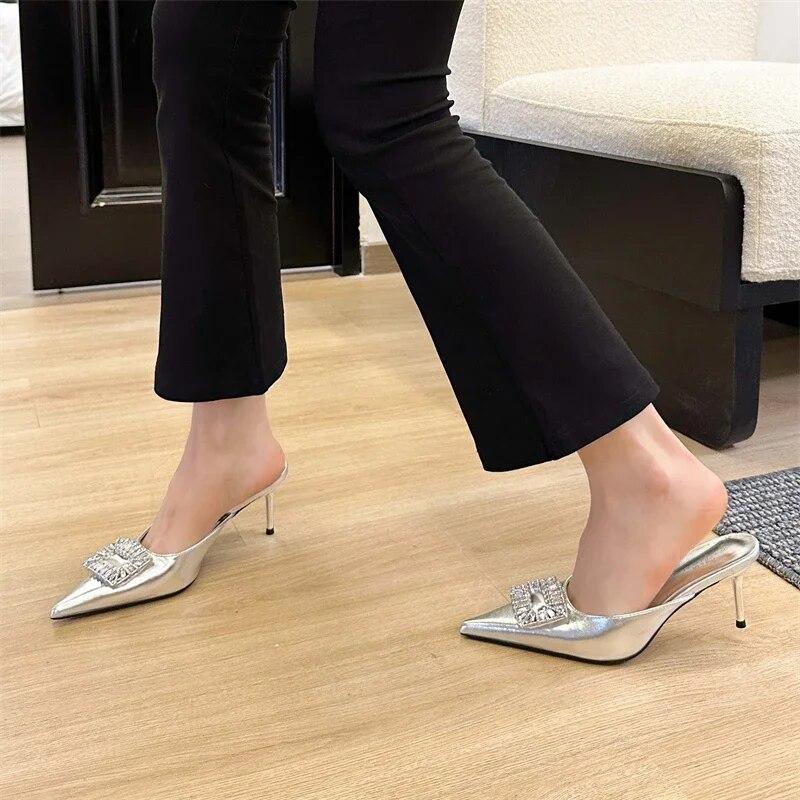 Eilyken/весенние женские тапочки с кристаллами и пряжкой на тонком каблуке — фото 7