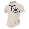 Men's Casual Loose Fit Polo Shirt with Zip Front Collar and Star Circle Letter Print USA Graphic Short Sleeve Top for Summer