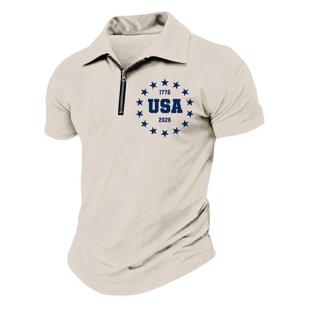 Men's Casual Loose Fit Polo Shirt with Zip Front Collar and Star Circle Letter Print USA Graphic Short Sleeve Top for Summer