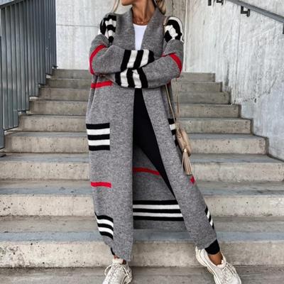 Autumn Winter Knitted Cardigan Women Striped Patchwork 2022 Elegant Loose Long Outerwear Maxi Y2k Sweater Coat Soft Jacket