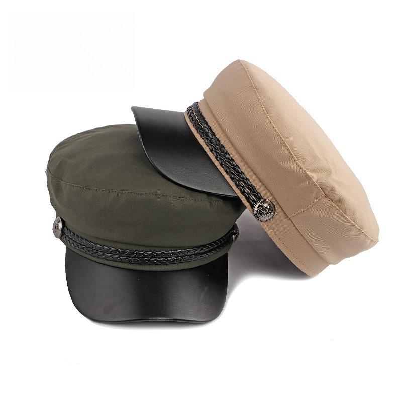 Women's PU Leather Visor Military Cap Sailor Hat Flat Top Marine Cap Preppy Style Retro Baker Boy Cap Braided Rope Casual