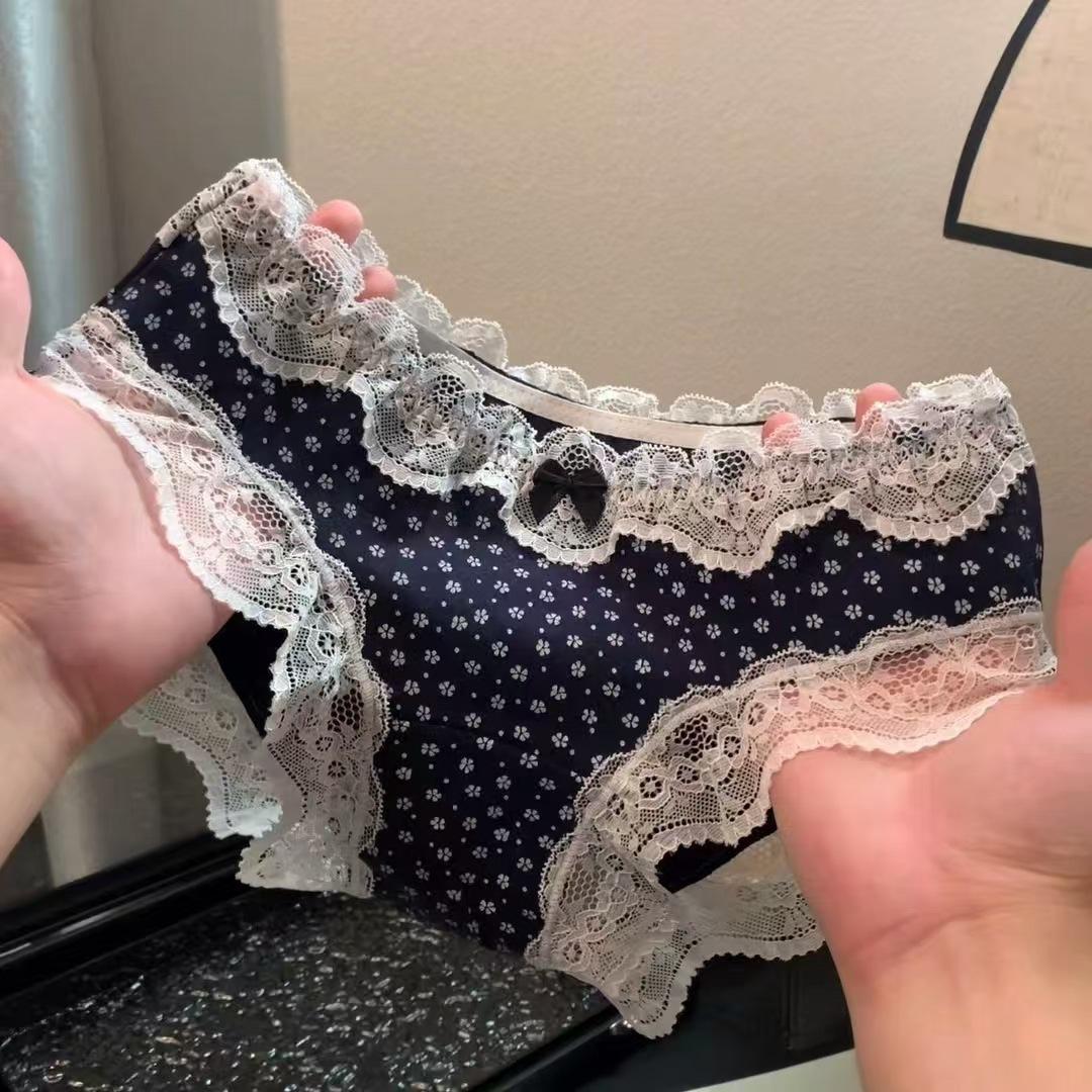 

Ladies Summer Sexy Lace Edge Pure Cotton Crotch Waist Triangle Briefs M темно-синий