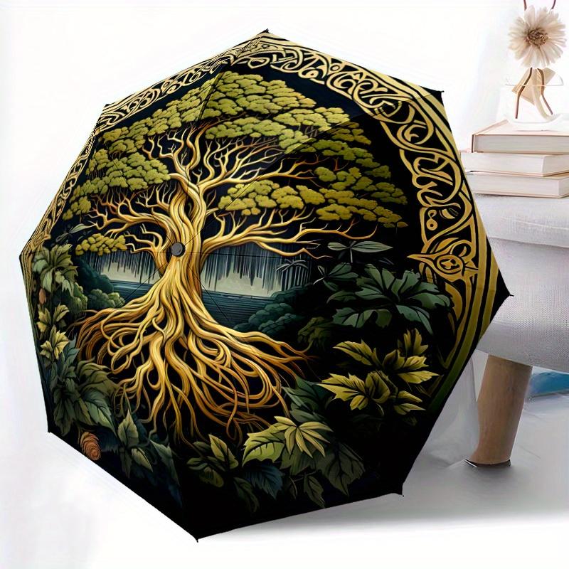 1pc Tree of Life Automatic Folding Umbrella, 8-Rib Sturdy Canopy, Portable Travel Umbrella for Outdoor Use